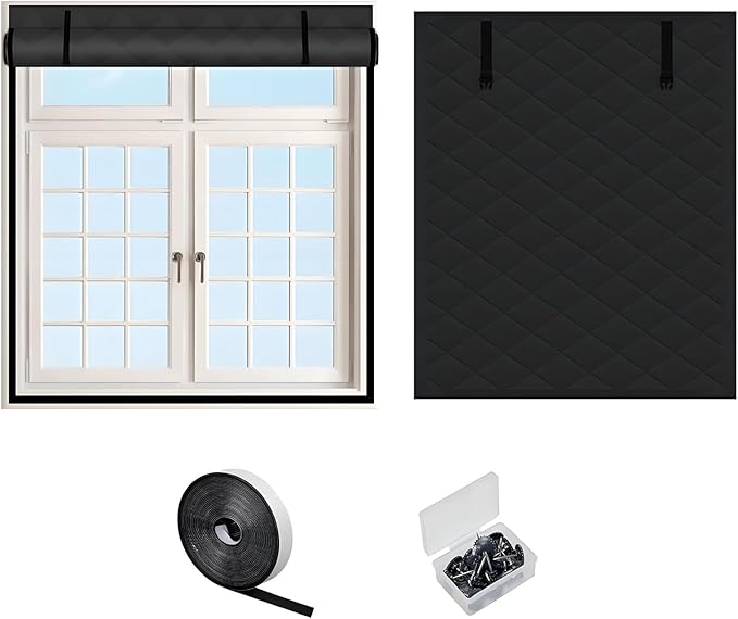 Thermal Window Cover for Wintern, Window Insulation Kit Blackout Oxford Curtain, Thicken Warm Waterproof Attic Insulation Blanket, Draft Blocker in Home RV 38 39 47 57 62 63in(Black,47x59in)