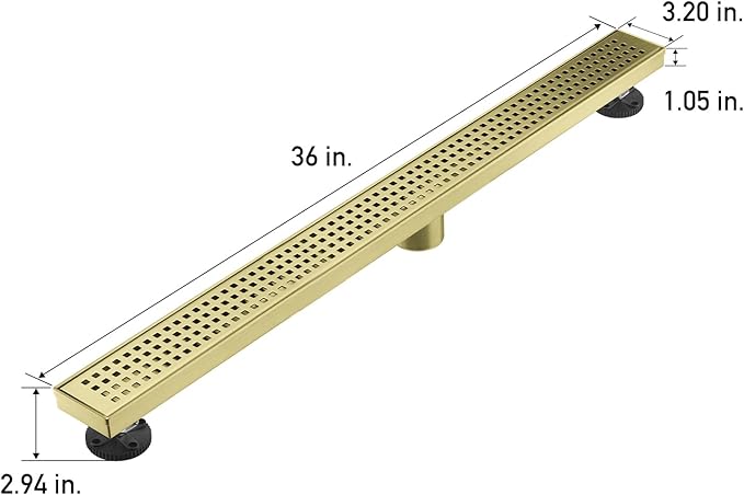 Linear Shower Floor Drain, Brushed Gold 36 Inch 304 Stainless Steel Bathroom Drains Kit, Long Rectangular Shower Trench Drain with Square Pattern Drain Cover & Hair Catcher