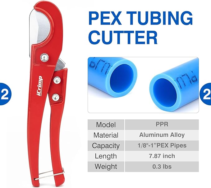 iCrimp PEX Clamp Tool Kit for 3/8-in, 1/2-in, 3/4-in, 1-in PEX Clamp Cinch & Removal, c/w 1/2''(20 Pack) and 3/4''(10 Pack) PEX Clamp Rings, PEX Tubing Cutter