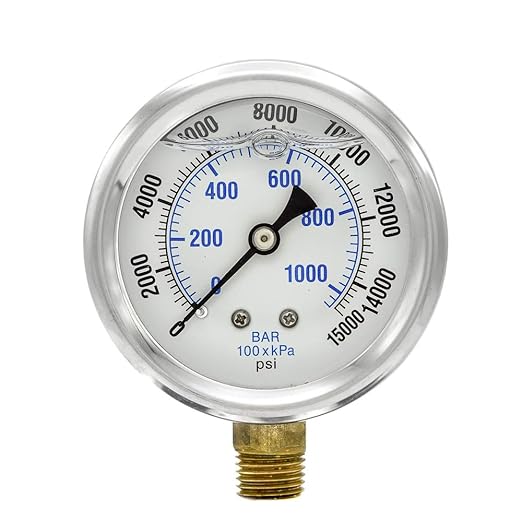 PIC Gauges PRO-201L-254V 0-15000 PSI Pressure Gauge, 2 1/2" Dial, 1/4" Male NPT Connection, Bottom Mount, Dual Scale, Glycerin Filled, Stainless Steel Case/Bezel, Brass Internals & Plastic Lens, -30/0/30