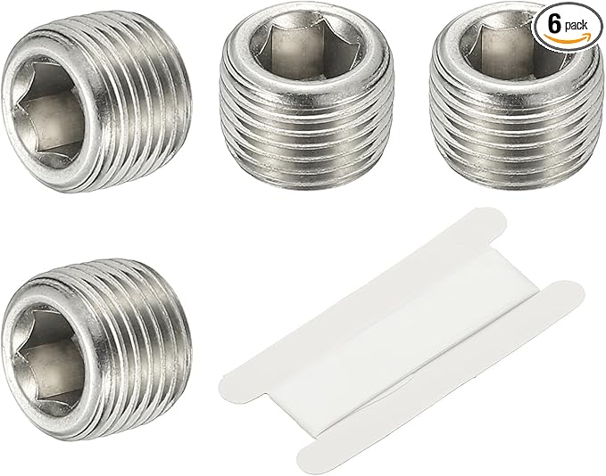 PATIKIL 1/8" NPT Male Internal Hex Pipe Fitting, 6 Pcs 304 Stainless Steel Pipe Plug Fitting Assortment Kit Countersunk Thread Head Socket Pipe Plug Fitting Adapter with Tape, Silver