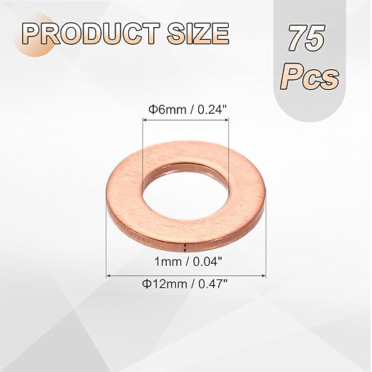 uxcell 75Pcs M6 Flat Washer Copper Washer Sealing Rings, 6mm ID 12mm OD 1mm Thickness Copper Crush Washers Metric Sealing Gasket for Plumbing Machinery Automotive