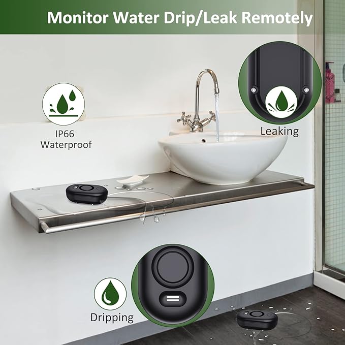 Water Leak Detector Sensor Alarm: Home Water Flooding Monitor Smart Sink Overflow Monitoring Adjustable Wet Moisture Alert Pipe Leakage Drip Detection Warning for Basement Floor (2 Sensor)