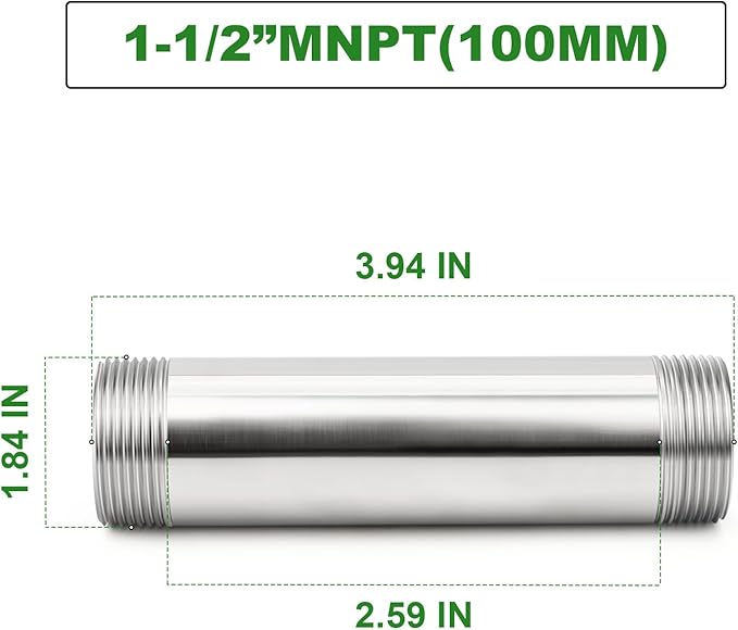 TAISHER 2PCS Stainless Steel Pipe Fittings, 1-1/2" NPT Male x 1-1/2" NPT Male Threaded, 4" Length Nipple Cast Pipe