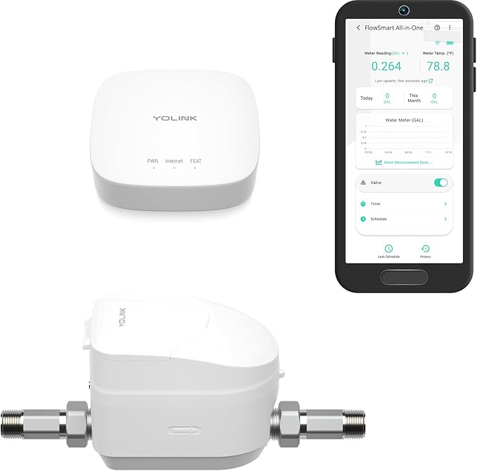 YoLink FlowSmart All-in-One Smart Water Management System: 3/4" Ultrasonic Water Meter with Automated Valve Control, Real-Time Leak Detection, App-Enabled, 10-Year Battery Life, Include YoLink Hub