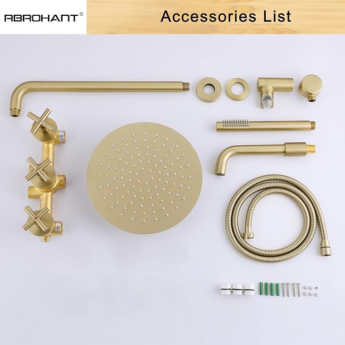 RBROHANT Brushed Gold Shower System with Tub Spout, Brass Bathtub Shower Faucet Set with 3 Way Rough-in Valve,10 Inch Round Shower Head Set with Tub Spout and Handheld, JK0299