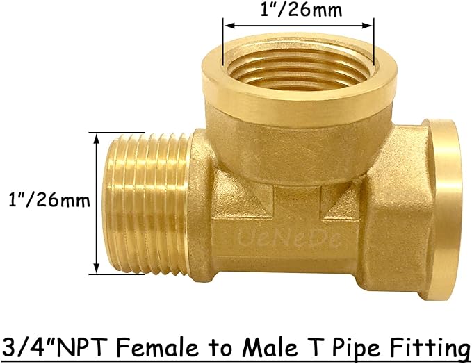 2PCS Brass 3/4 Inch NPT Tee Pipe Fitting 3/4" NPT Female x 3/4" NPT Female x 3/4" NPT Male for Water/Oil/Gas