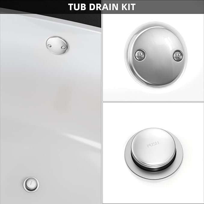 All Metal Tip-Toe Bathtub Drain Kit with Two-Hole Overflow Faceplate and Universal Fine/Coarse Thread Assembly, Bath Tub Drain Kit fits All Bathtub -Chrome Plated