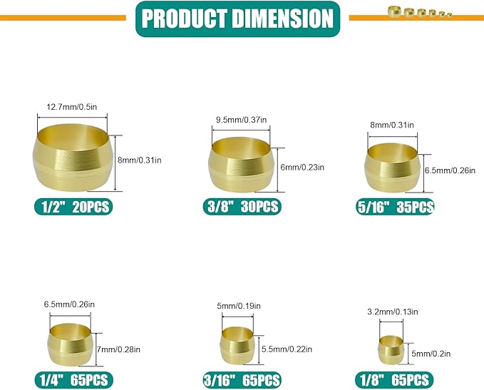 280PCS Brass Compression Sleeves Ferrules, 6 Sizes 1/2" 3/8" 5/16" 1/4" 3/16" 1/8" Tube OD Hose Compression Fitting Ferrule Kit for Air Water Fuel Oil and Inert Gases Line Repair