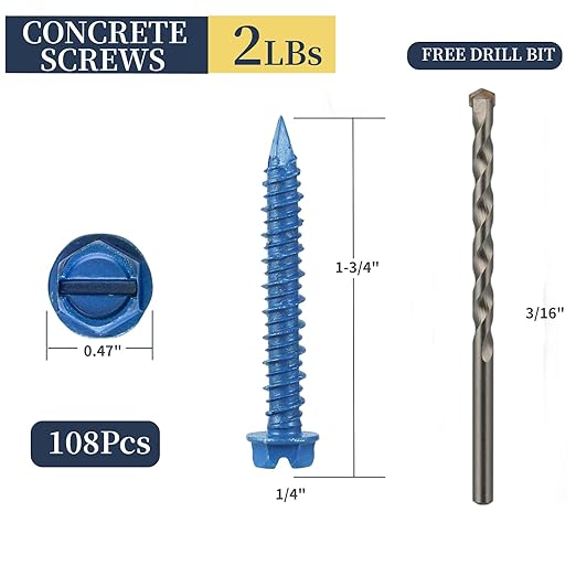 108Pcs 1/4 x 1-3/4 in Concrete Screws with Drill bits,Masonry Screws for Concrete Assortment Kit,Hex Head Block Cement Stacoo Screws and Anchors,Diamond Point,Blue Coated(2LB)