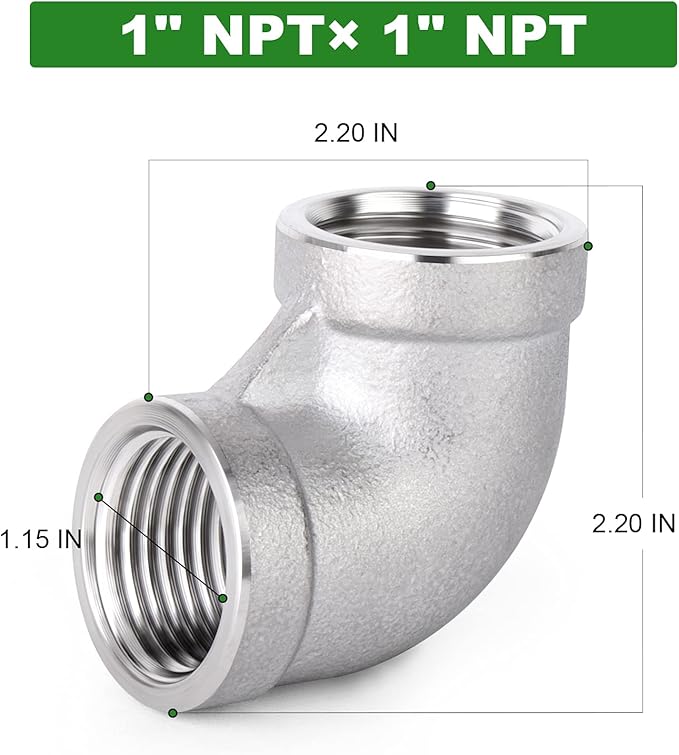 TAISHER 2PCS 304 Stainless Steel 90 Degree Elbow Fittings, 1 Inch NPT Female Pipe to 1 Inch NPT Female 304 Stainless Pipe Fitting