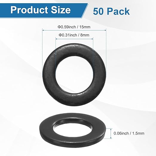 50-Pack M8 Flat Washers, Metric 15mm OD 1.5mm Thick 304 Stainless Steel Washers for Bolts Screws Nuts for Automotive/Machinery/Furniture, Flat Metal Washers [Black Galvanized]