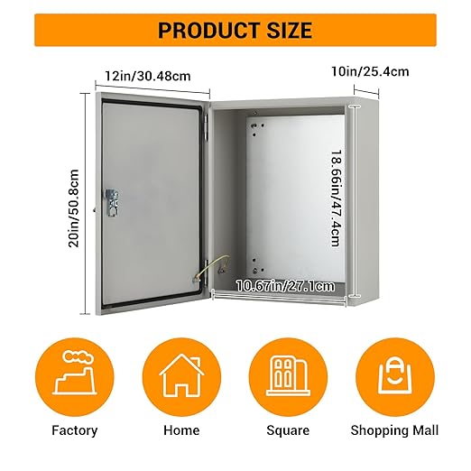 Outdoor Electrical Box, 20"x12"x10" NEMA 4X Steel Enclosure, IP67 Waterproof & Dustproof, Lockable Electrical Junction Box with Mounting Plate and 2 Keys, Indoor and Outdoor Use