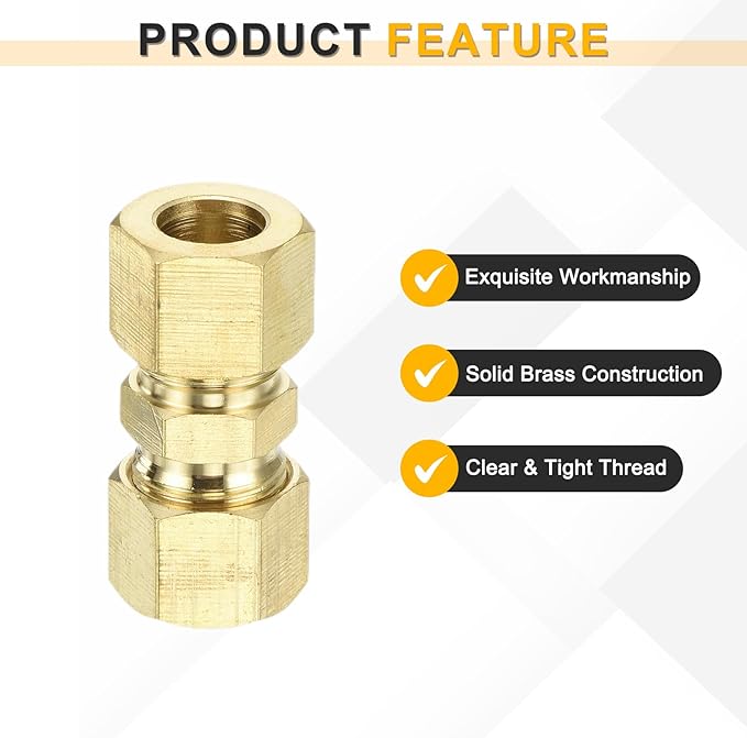 uxcell 3Pcs Brass Compression Tube Fitting, 3/8" Tube OD x 3/8" Tube OD Connector Straight Coupling Adapter Union Fittings