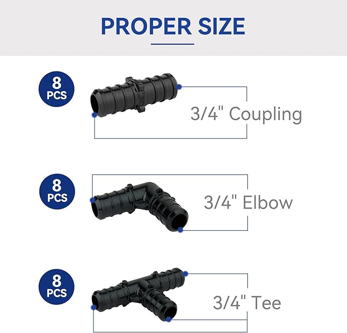 3/4" PEX Barb Crimp Fittings Combo - Elbow, Tee & Coupling (24Pcs), PPSU Plumbing Fittings