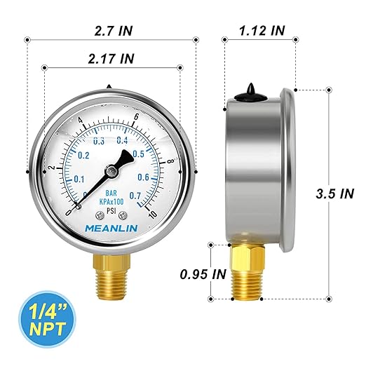 MEANLIN MEASURE 0~10Psi Stainless Steel 1/4" NPT 2.5" FACE DIAL Liquid Filled Pressure Gauge WOG Water Oil Air Lower Mount, with 1/2" NPT and 3/8" NPT Hex Bushing