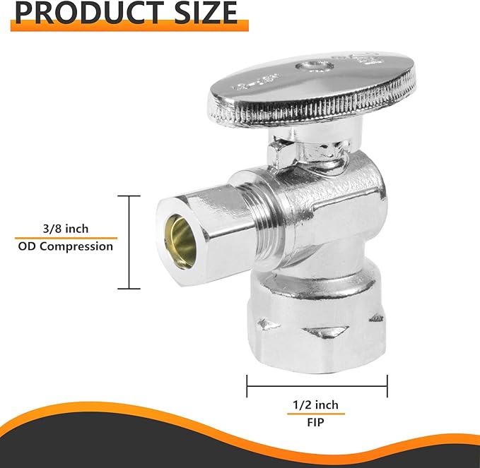 50-PCs HeSun Angle Stop Valve, 1/2" FIP X 3/8" OD Compression, 1/4 Turn Shut Off Valve, Chrome Plated Brass(VALVE054-50)
