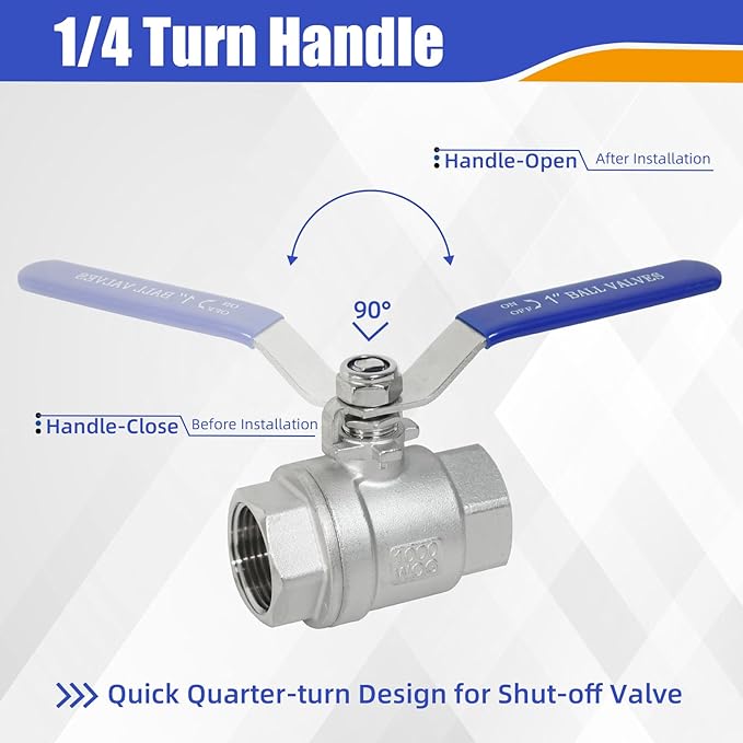 YADIAN 2 Pack 1 inch Ball Valve NPT Female Full Port 304 Stainless Steel 1'' Ball Valve Heavy Duty Shut Off Valve for Water, Oil, and Gas with Blue Locking Handles, 1000 WOG
