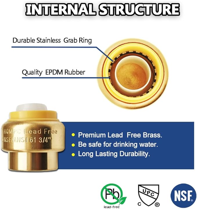HQMPC 3/4" Push Fit PEX End Cap, Push-to-Connect Brass Plumbing Fittings No Lead Brass Plumbing Fittings with Disconnect Clip for Copper, CPVC 2Pcs