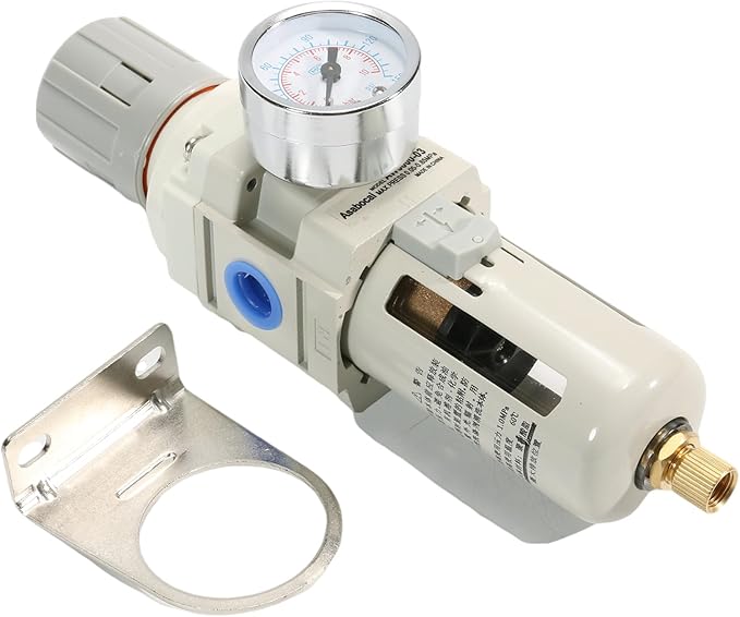 3/8" NPT Air Filter Pressure Regulator Combo Piggyback, Air Compressor Filter with Gauge (0-150 PSI),Poly Bowl, Manual Drain, Metal Bracket