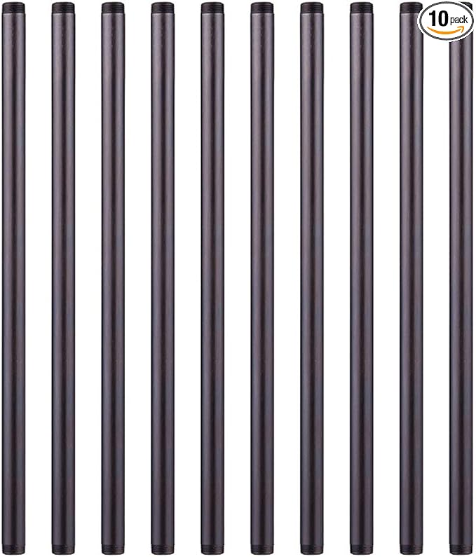 1/2” x 18 ” Black Malleable Steel Nipples Fitting, 1/2 Inches Threaded Pipe Nipples, DIY Steampunk Industrial Vintage Style, 10 Pack.