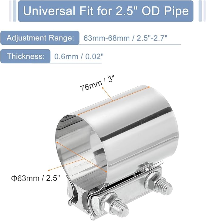 uxcell 2.5 Inch Exhaust Clamp, 304 Stainless Steel Butt Joint Band Clamp Sleeve Coupler Pipe Repair Clamp Universal Widening Clamp for Exhaust Pipes Mufflers, Silver