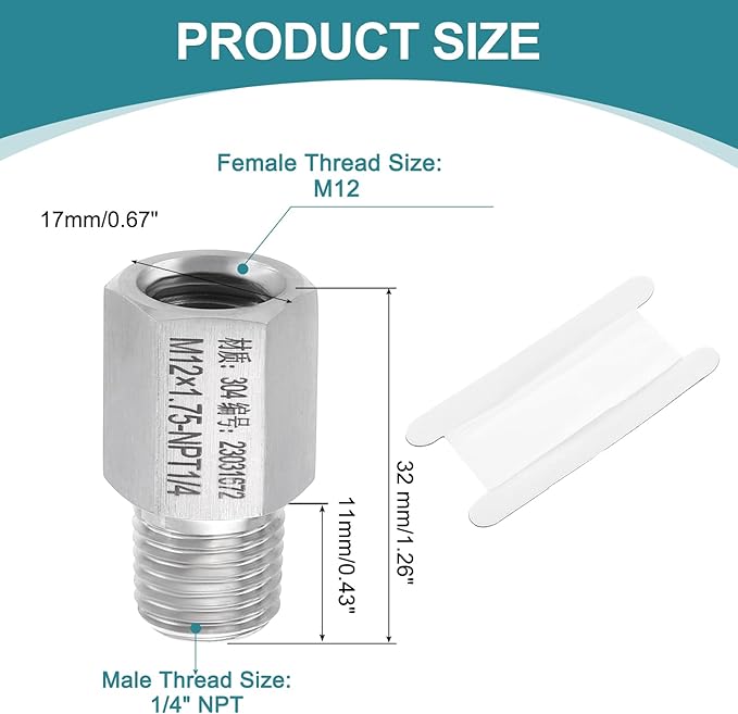 uxcell Pipe Fitting Reducing Adapter, 1/4" NPT Male x M12 Female 304 Stainless Steel Reducer Connector for Water Oil Air Pressure Gauge, Silver