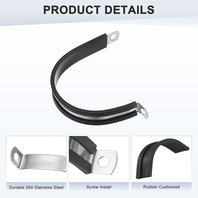 12-Pack Cable Clamps, 2-3/16 Inch/ 55 mm 304 Stainless Steel Rubber Cushioned Insulated Cable Clamp R Shape Metal Holder for Tube/Wire/Pipe/Loop Installation