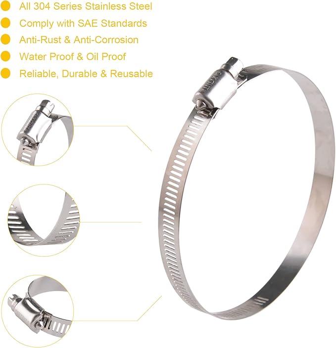 Winlong Stainless Steel 4'' Hose Clamps, 8PK SAE 72 Worm Gear Drive Hose Clamps 3 to 5 Inch (76-127mm) for Automotive Plumbing, 3'', 4'', 3.5'', 3 1/2'', 3 3/4'', 4 1/2'', 4.5'', 4 3/4''