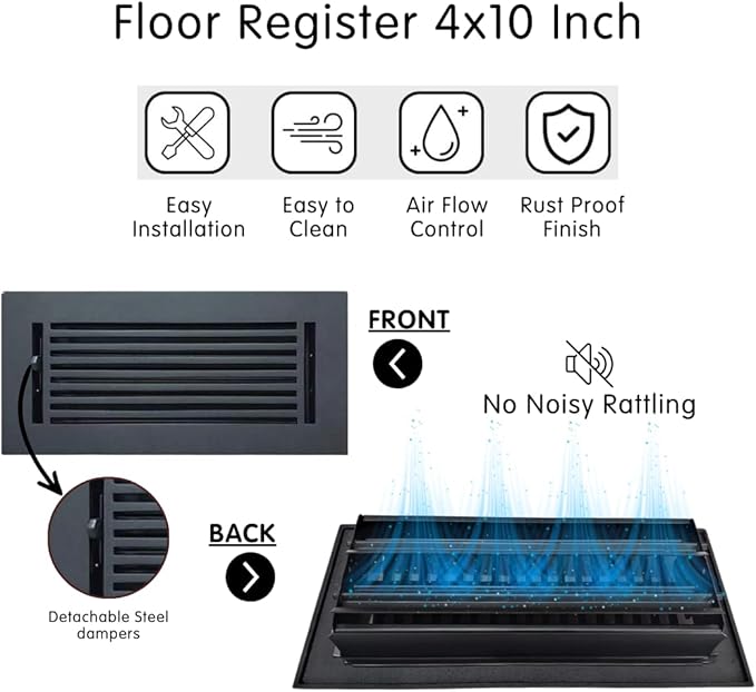 Prima Decorative Floor Register 4x10 – Cast Aluminum Heavy-Duty Air Vent Cover – Matte Black – Walkable Design with Easy-Adjust Louvers – 6x12 Faceplate, 5mm Thick – No Screw Holes