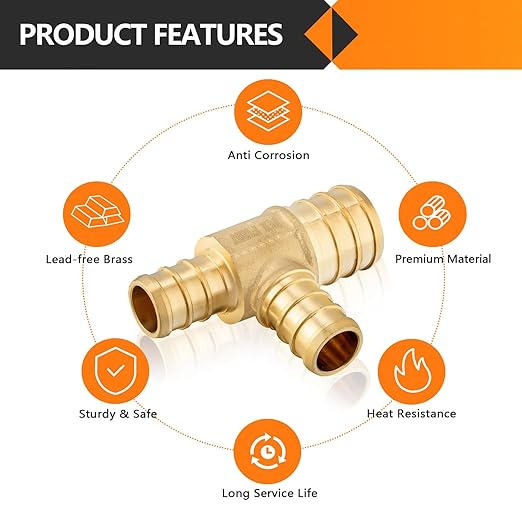 10-Pack HeSun PEX Fittings, 1"x3/4"x3/4" Pex Tee, Brass Crimp Fitting for ASTM F1807(PEX1807088-10)