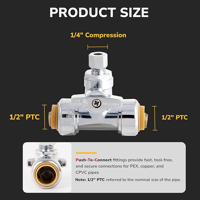 Tee Stop Valve, 1/2" PTC x 1/2" PTC x 1/4" OD Compression, Push to Connect Brass Plumbing Fitting for PEX, Copper, CPVC Pipe, Quarter-Turn Shut Off Water Valve Disconnect Clip