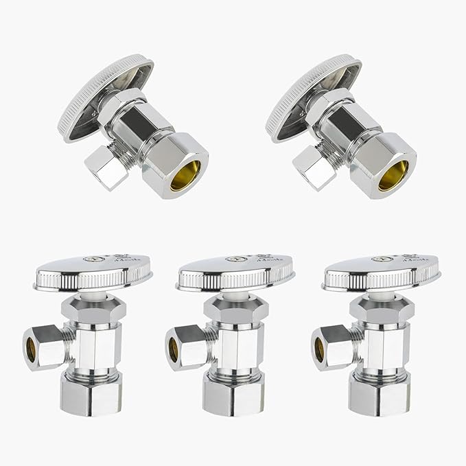5-Pack GUOFIS Angle Stop Valve with Multi-Turn,1/2-Inch Nominal (5/8" OD) Compression x 3/8-Inch OD Compression Water Shut-off Valves(LF Brass Chrome Plate)(VALVE362)