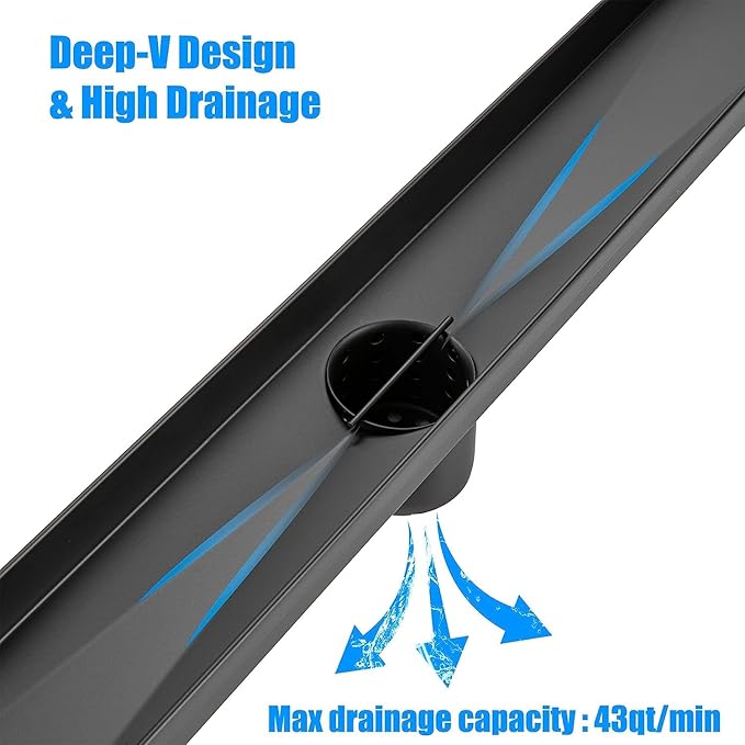 12 inch Linear Shower Drain with Removable Square Hole Panel by Using 304 Stainless Steel Process, Linear Drain Equipped with Adjustable Feet and Hair Strainer（Matte Black Color）