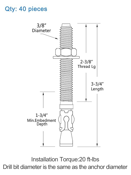 3/8 inch x 3-3/4 inch - 40 Pieces Wedge Anchor Zinc Plated Heavy Duty Fastener for Concrete