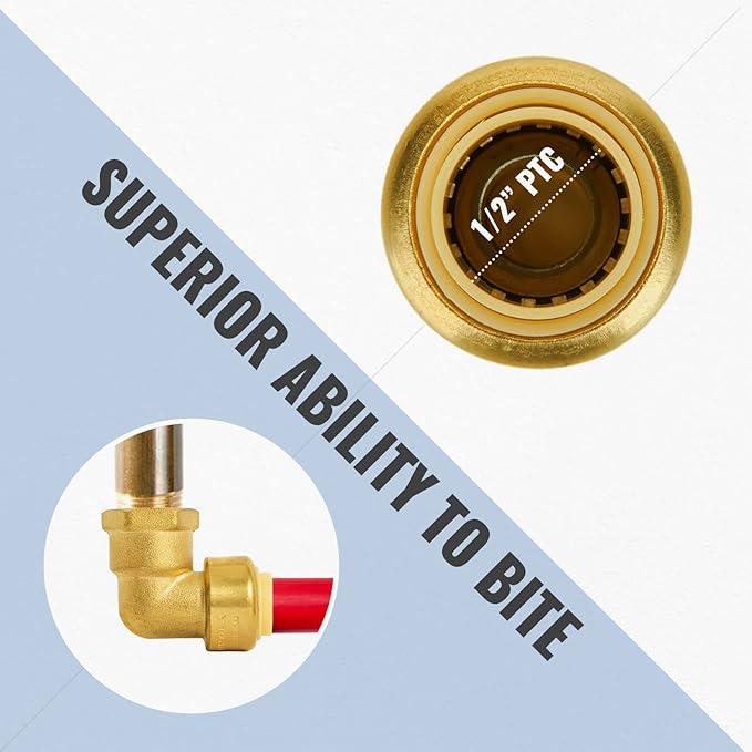 SUNGATOR 1/2 Inch 90 Degree Female Adapter Elbow, 1/2 Inch FNPT, No Lead Brass Push-to-Connect Plumbing Fittings for Pex Pipe, Copper, CPVC, with 1 Disconnect Clip and 1 Sealing Tape, Pack of 2