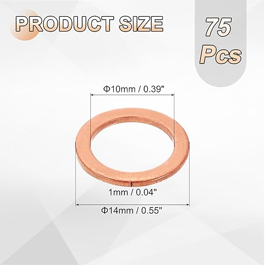 uxcell 75Pcs M10 Flat Washer Copper Washer Sealing Rings, 10mm ID 14mm OD 1mm Thickness Copper Crush Washers Metric Sealing Gasket for Plumbing Machinery Automotive