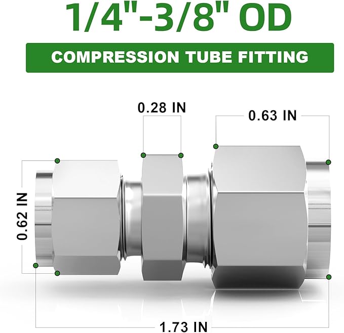TAISHER 2PCS 304 Stainless Steel Compression Tube Pipe Fitting Connector, 3/8" Tube OD x 1/4" Tube OD Straight Adapter