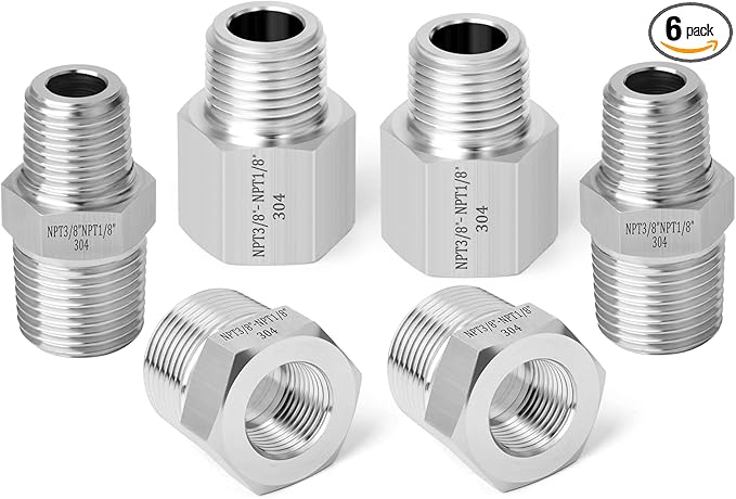 GASHER 6PCS 304 Stainless Steel Pipe Fitting, Hex Bushing, Reducer Adapter, Reducing Hex Nipple 1/2 Inch NPT x 3/8 Inch NPT
