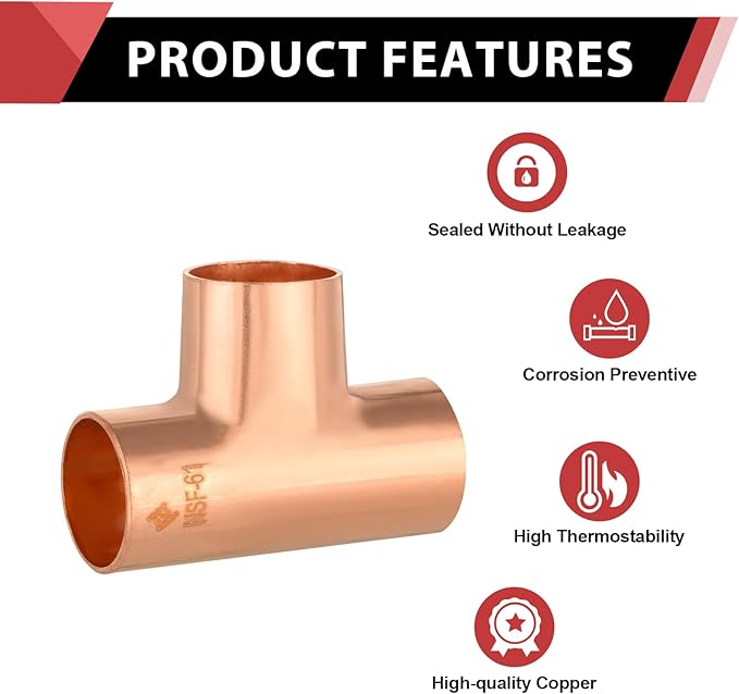 EFIELD 2" X 2" X 2" C X C X C Copper Tee, LF Copper Plumbing Fittings with Sweat Solder Connection,(COPPER107)