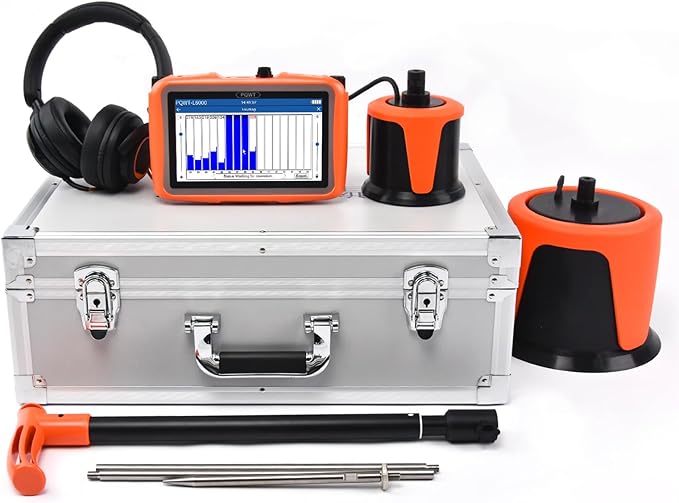 PQWT L6000 Underground Water Leak Detectors Indoor Outdoor Wall Water Pipe Detector Machine Multi Sensor Acoustic Pipeline Leakage Detection Kit Noise Reduction Headphone Smart Touchscreen Carry Case