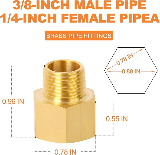 GASHER 2PCS Brass Pipe Fitting, Reducer Adapter, 1/4-Inch Male Pipe x 3/8-Inch Female Pipe