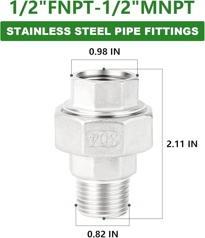 TAISHER 1PCS 304 Stainless Steel Union，1/2" NPT Male x 1/2" NPT Female Cast Pipe Fitting