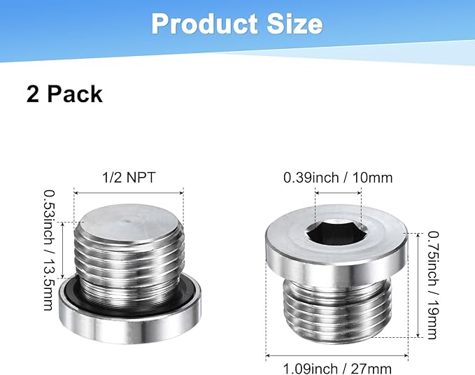 2-Pack Inner Hex Head Pipe Fitting Plug, 1/2 NPT 304 Stainless Steel Socket Bung Plug with Sealing Ring for Terminate Pipe Ends/Replacement Drains