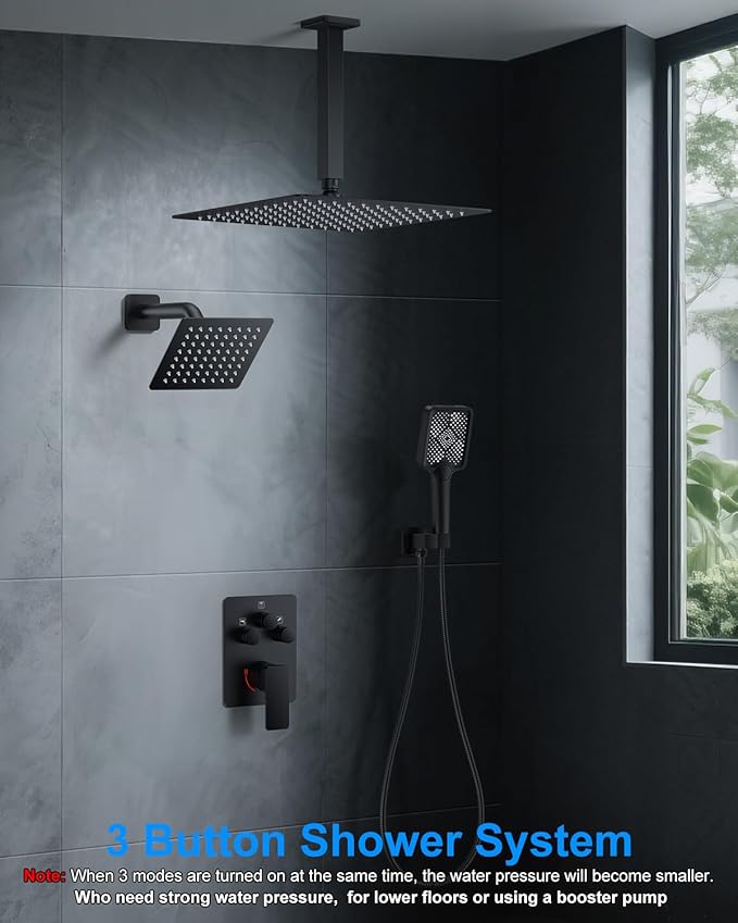 Shower System with Pressure Balance Valve, 12" Ceiling Mount Shower Faucet Set with 2 Rain Shower Head And Multi-function Handheld Head Push Button Diverter Pressure Balancing Valve Kit, Matte Black