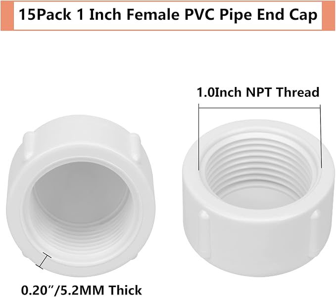 15Pack 1 Inch Female PVC Pipe End Cap 1 Inch Female Threaded Plug Adapter, SCH 40 PVC Pipe threaded Cap Fitting 1" PVC Pipe Female Plug Socket for Plumbing Water Line, White