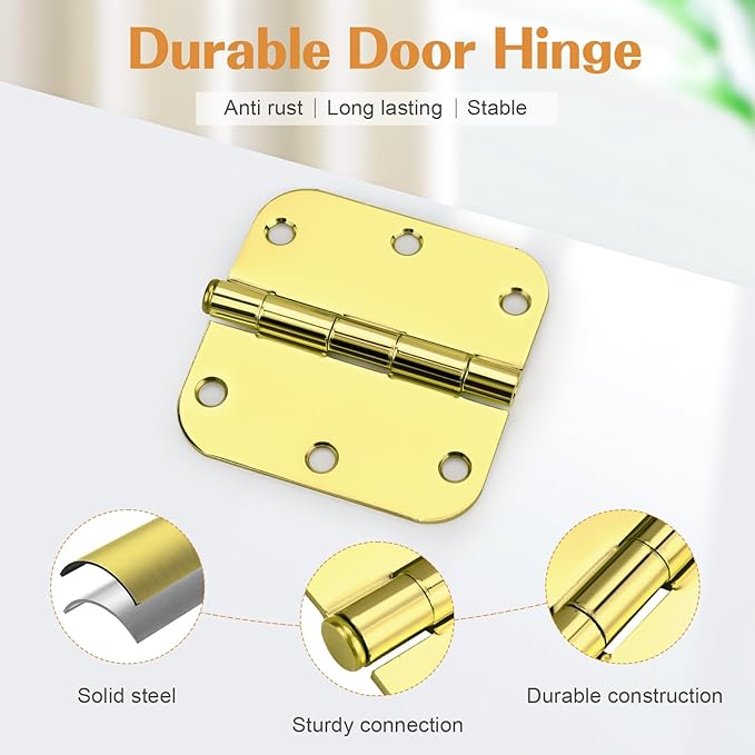 Probrico Interior Door Hinges Polished Brass, 3.5 X 3.5 Inch Door Hinges Rounded 5/8" Radius Corners, Nickel Hinges for Door Hardware, 30 Pack