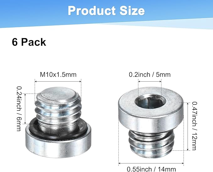 6-Pack M10x1.5mm Inner Hex Head Pipe Fitting Plug, Carbon Steel Sensor Socket Plug with Seal O-Ring for Terminate Pipe Ends/High Pressure Washer, Sealing Screw