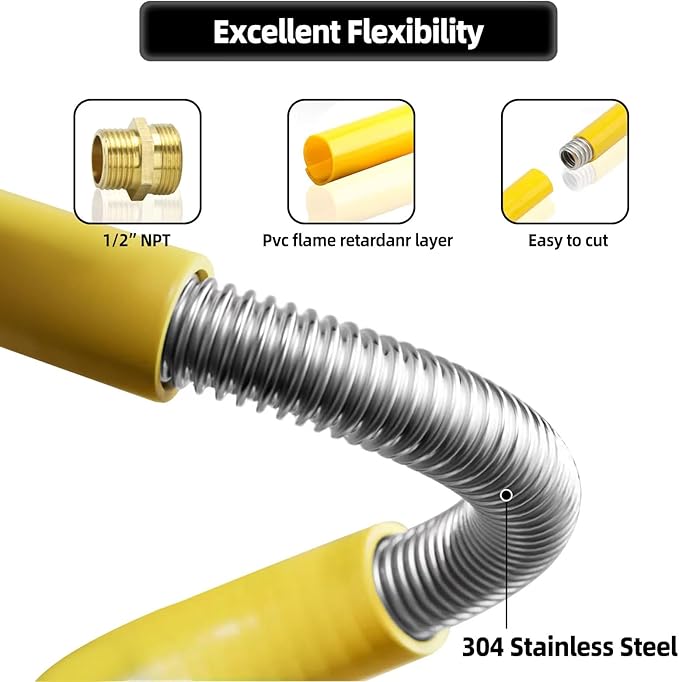 100FT 1/2" CSST Gas Line 1/2in Natural Flexible Gas Line with 2 Male Adapter Fittings, CSST Corrugated Stainless Steel Gas Tubing Pipe Kit for Stove Dryer Heater Gas Propane (100FT)