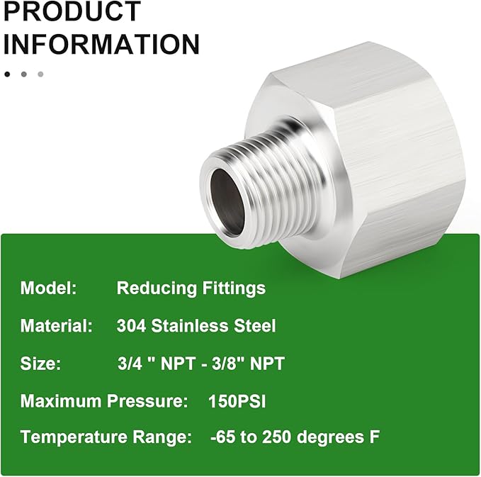 TAISHER 5PCS 304 Stainless Steel Pipe Fitting, Reducer Adapter, 3/8" NPT Male x 3/4" NPT Female